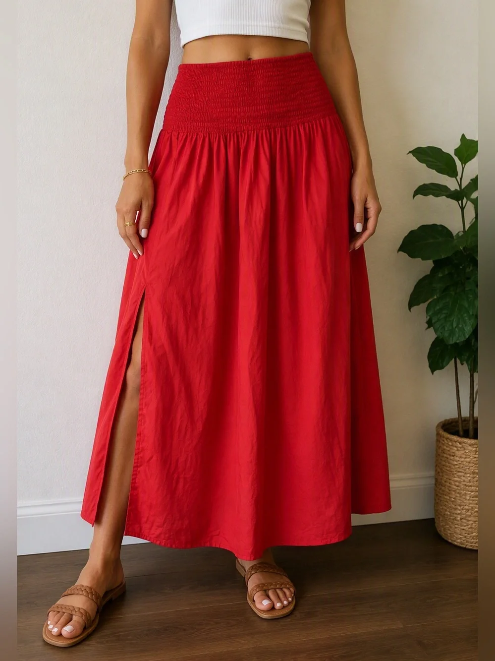 NWOT Wild Fable Red Smocked Maxi Skirt Side Slit Boho Summer XS